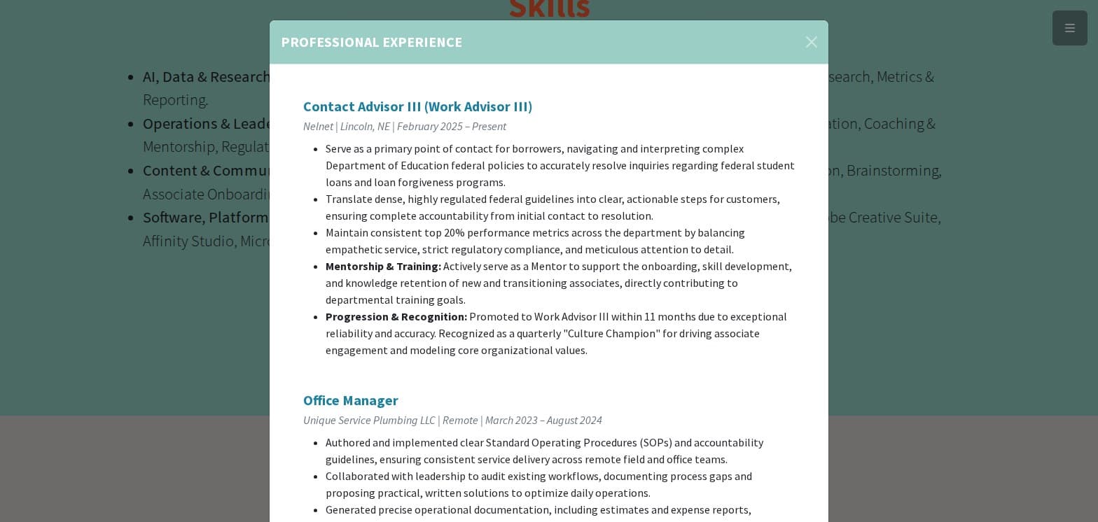 The jblp.me resume modal open, showing scrollable professional experience entries with a Download PDF option underneath