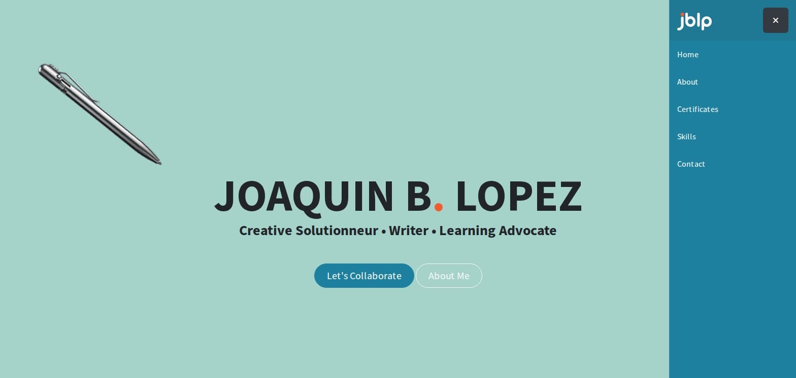 The jblp.me off-canvas navigation sidebar open, with the hamburger icon swapped to an X