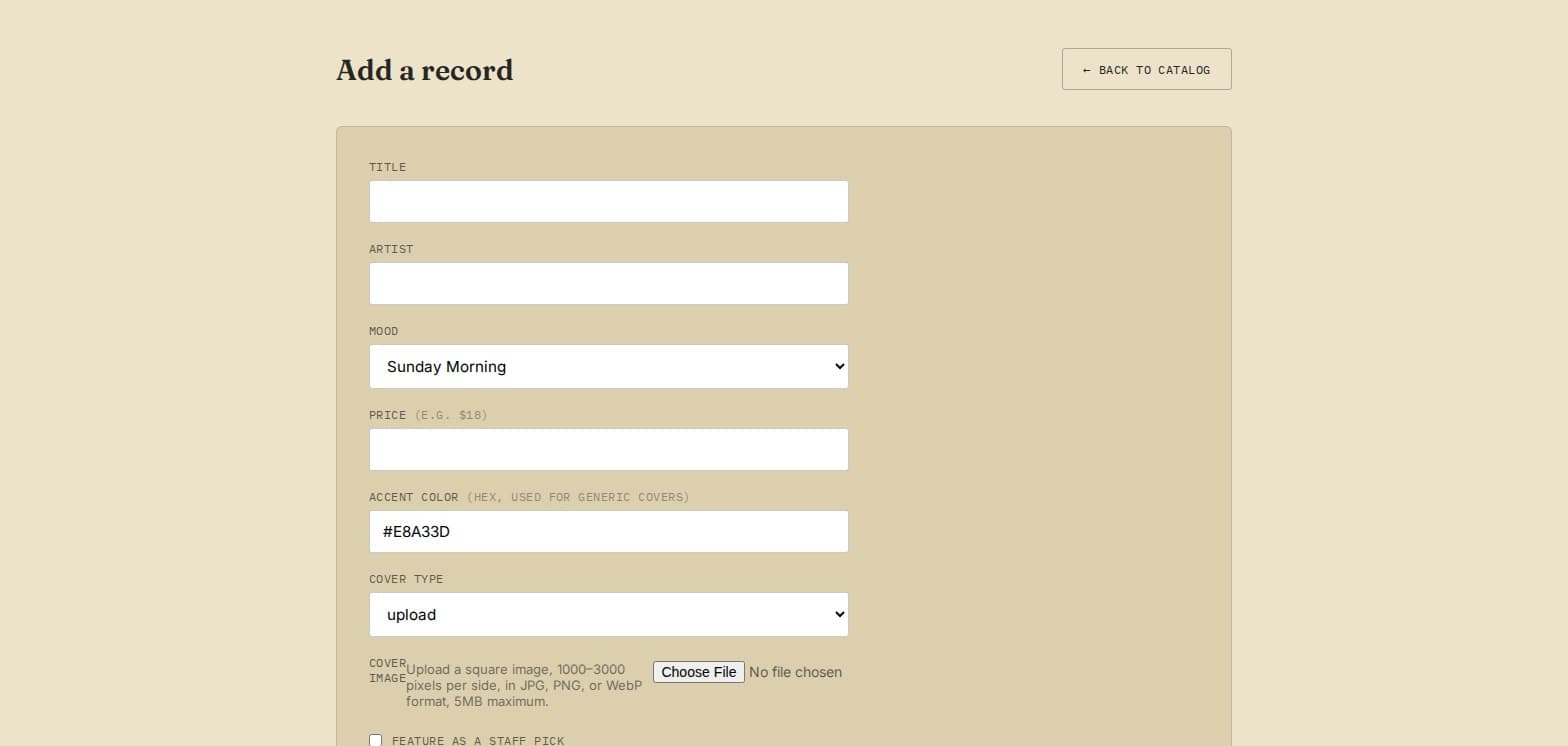 Kessler Street Records admin upload form showing the stated cover image constraints: square, 1000-3000 pixels per side, JPG/PNG/WebP, 5MB maximum